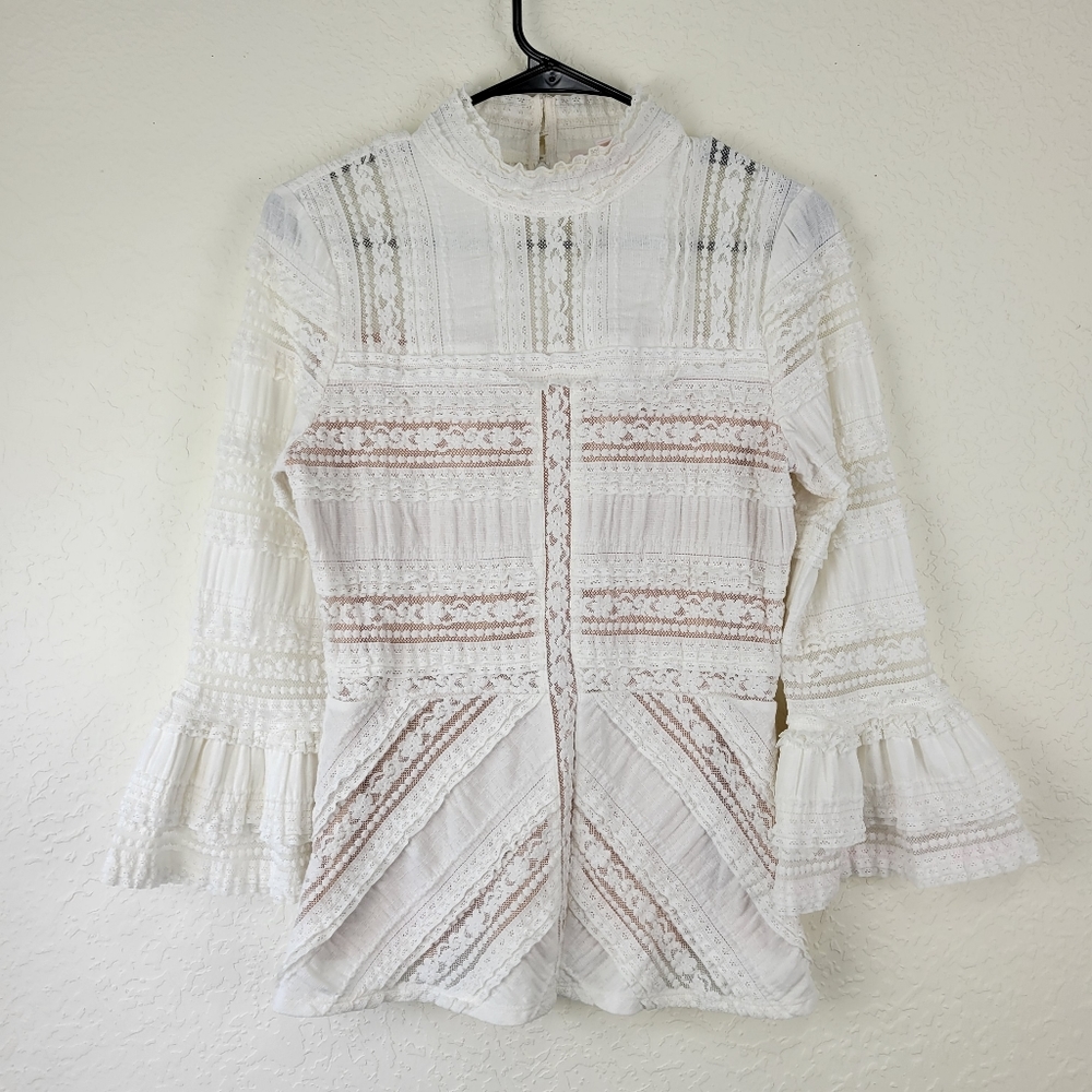 Cinq a Sept White Lace Silk Ruffle Top Medium